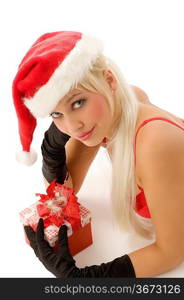 close up of a young beautiful santa claus with gift box and gloves