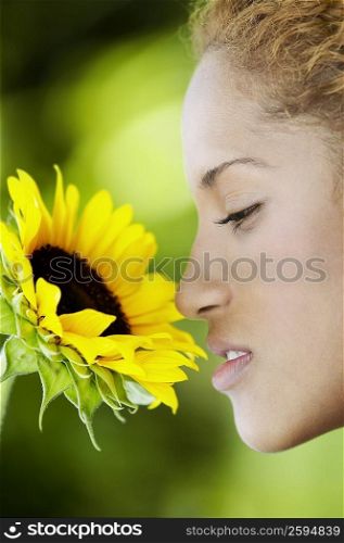 Close-up of a young woman smelling a sunflower