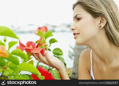 Close-up of a young woman touching a flower