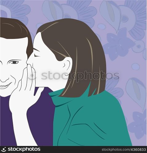 Close-up of a young woman whispering in a young man&acute;s ear