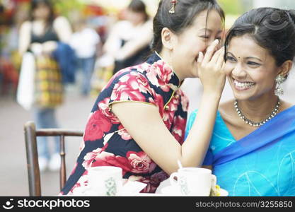 Close-up of a young woman whispering into another woman&acute;s ear