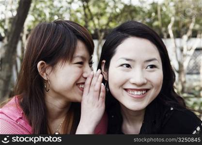 Close-up of a young woman whispering secrets into her friend&acute;s ear