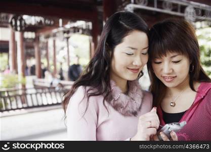 Close-up of a young woman with her friend holding a mobile phone