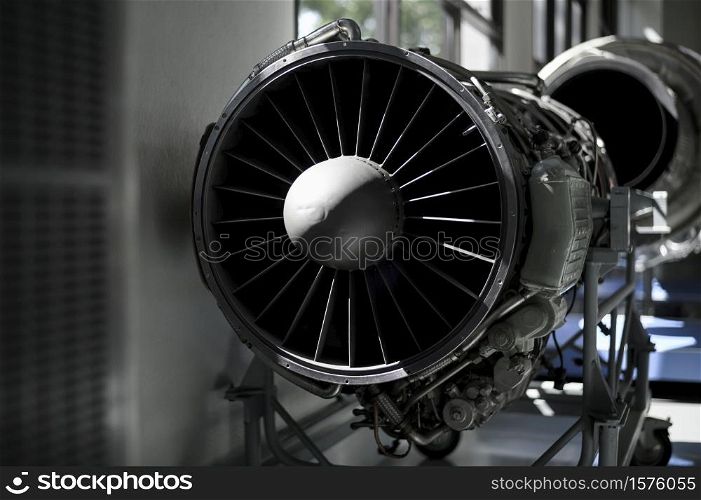 Close up of airplane engine in an airfield