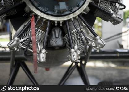 Close up of airplane engine in an airfield