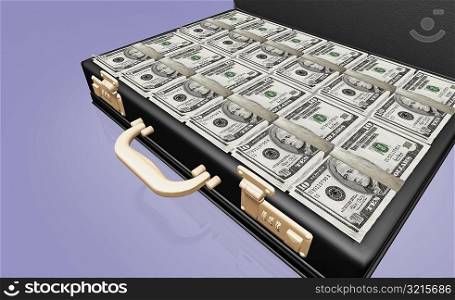 Close-up of American ten dollar bills in a briefcase