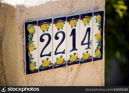 Close-up of an address on a wall, California, USA