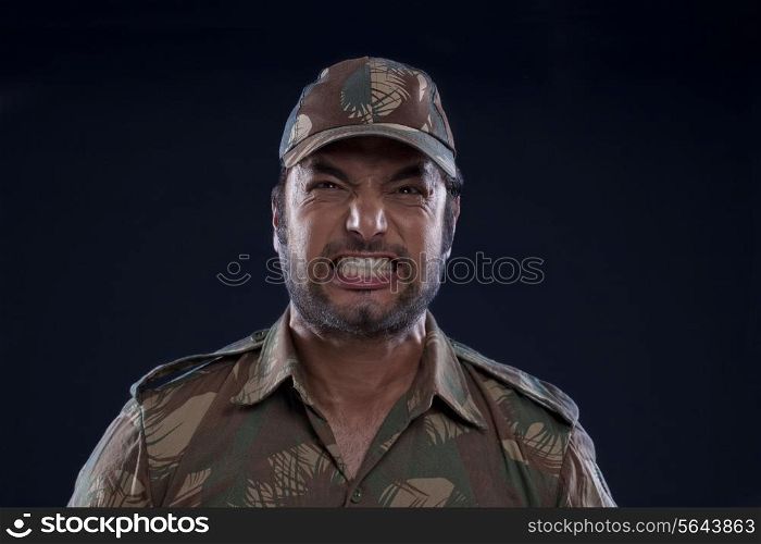 Close-up of an angry Indian soldier