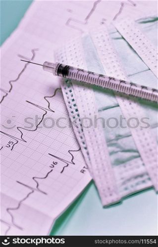 Close-up of an electro cardiogram report with a syringe