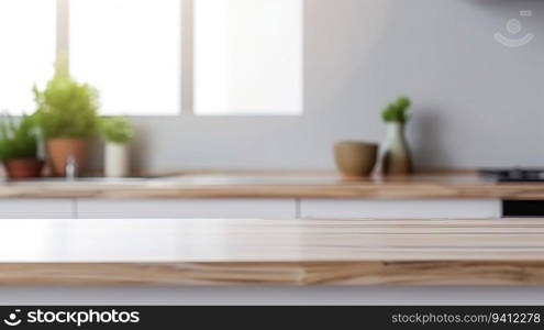 Close-up of an empty kitchen table against backdrop of kitchen interior in rays of sun, light background. Header banner mockup with copy space. AI generated.. Close-up of an empty kitchen table against backdrop of kitchen interior in rays of sun. AI generated.