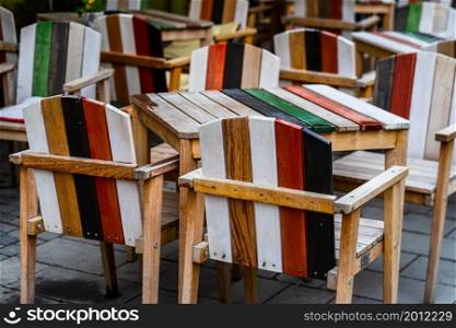 Close up of an empty tables with empty chairs at a local outdoor resturant in Bucharest, Romania, 2021