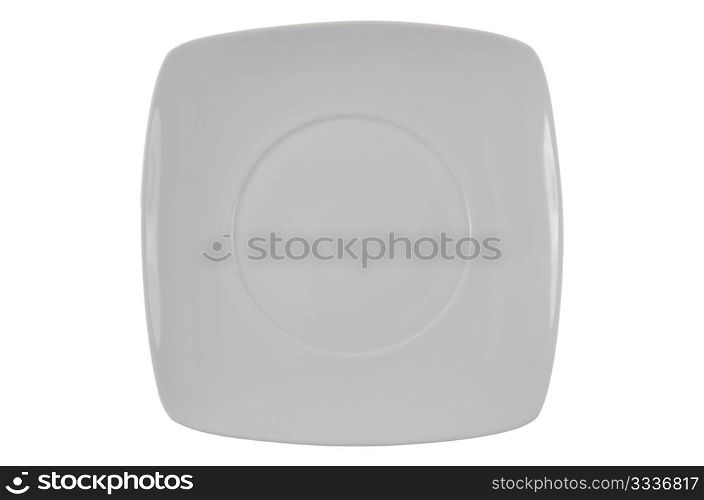 close up of an empty white plate on white background.