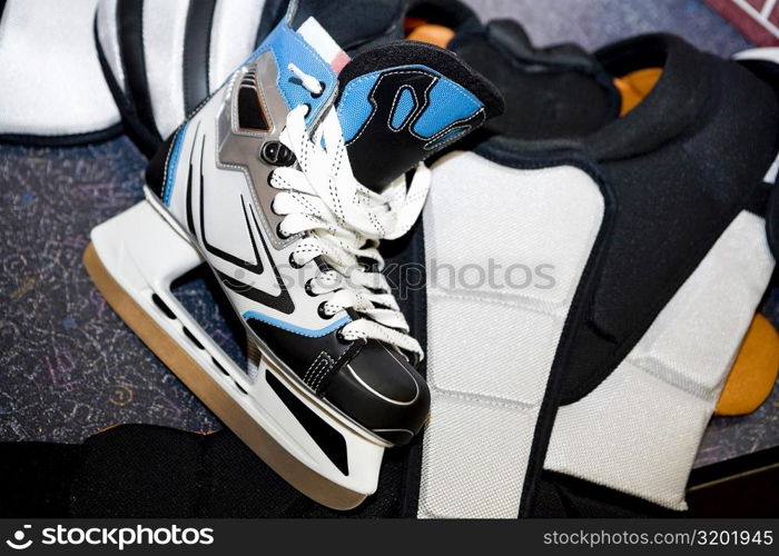 Close-up of an ice-skate with a chest protector