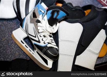 Close-up of an ice-skate with a chest protector
