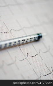 Close-up of an injection on an ECG report