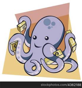Close-up of an octopus holding bundles of dollar bills