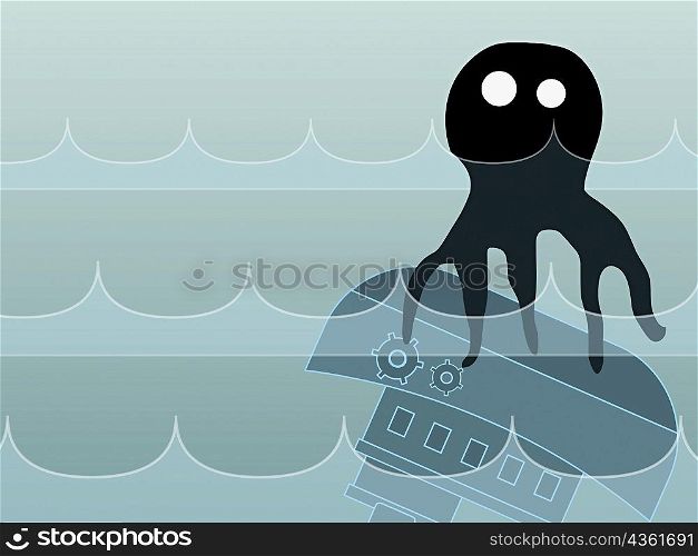 Close-up of an octopus with an sunken ship
