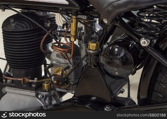 Close-up of an old a motorcycle engine.