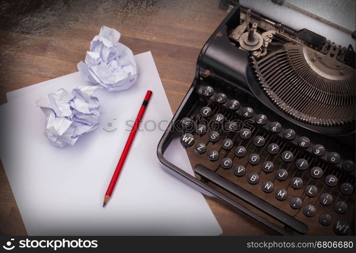 Close-up of an old typewriter with paper, vintage look