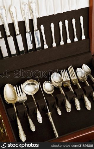 Close-up of an open cutlery box