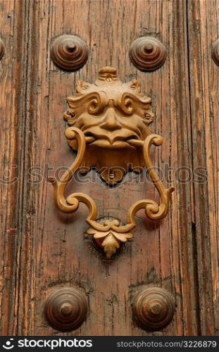 Close-up of an ornate brass door knocker on a door, Havana, Cuba