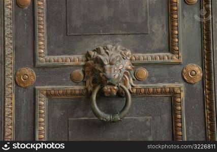 Close-up of an ornate door knocker on a door, Havana, Cuba