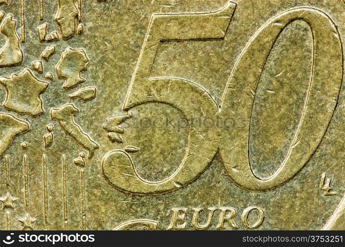 Close-up of an uncirculated fifty euro cents coin
