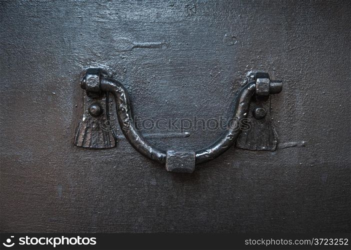 close-up of ancient doorknob of iron door