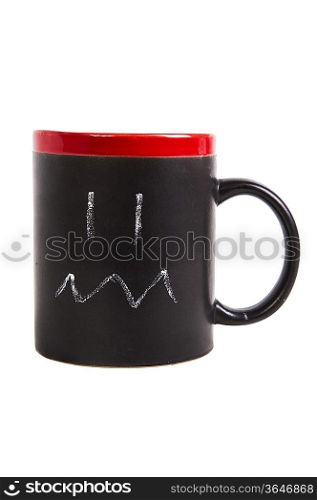 Close-up of angry expression drawn on cup over white background