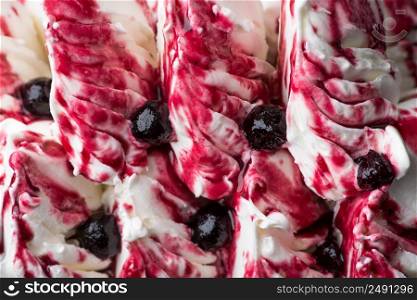 close-up of appetizing ice cream with berries, macro photography. close-up ice cream