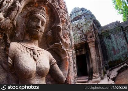 Close-up of Apsara stone carving. Close-up of Apsara stone carving at Ta Phrom Angkor Wat
