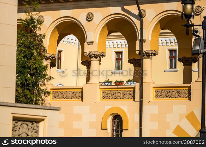 Close up of architectural details of elegant facade building.