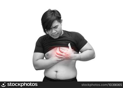 close up of asian man suffering from heart ache on white background, healthcare and problem concept,black & white