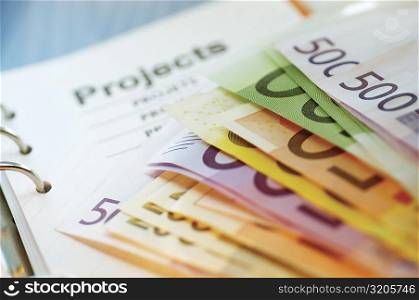 Close-up of assorted Euro banknotes