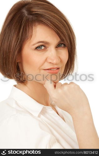 Close-up of attractive adult woman smiling at camera against of white background. Beautiful adult woman smiling