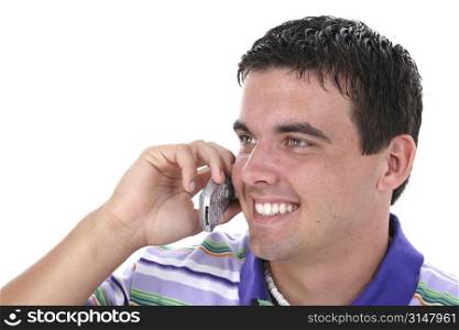 Close-up of attractive Young Man On Cellphone With Smile. Nineteen years old.