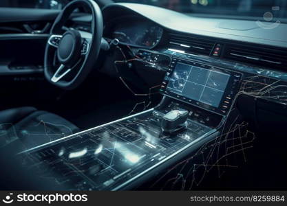 Close-up of automotive communication components, such as sensors, antennas, onboard computers, emphasizing the importance of these items in enhancing vehicle connectivity and safety. Generative AI