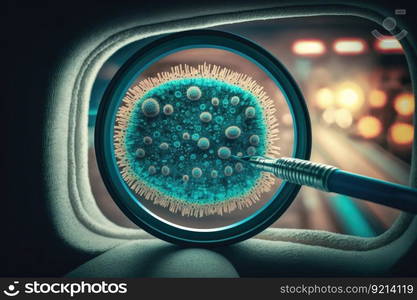 close-up of bacteria in the bus cabin, with magnifying glass and tweezers for close inspection, created with generative ai. close-up of bacteria in the bus cabin, with magnifying glass and tweezers for close inspection