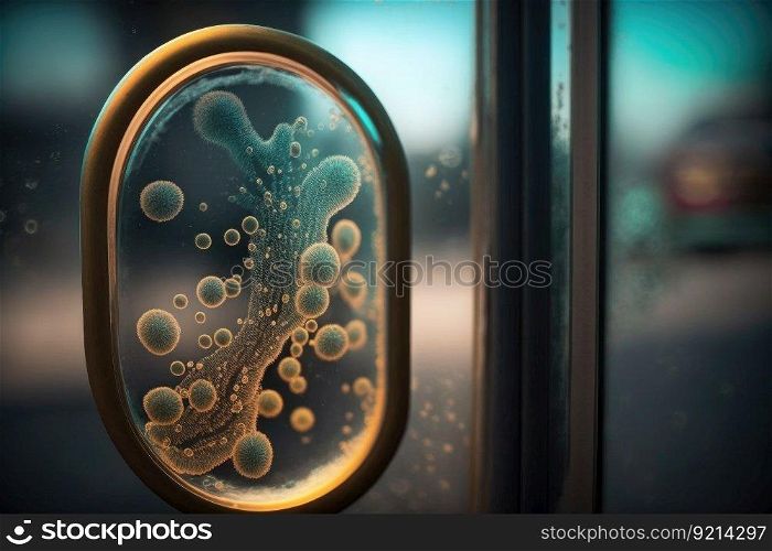close-up of bacteria on bus door handle, with blur of motion in the background, created with generative ai. close-up of bacteria on bus door handle, with blur of motion in the background