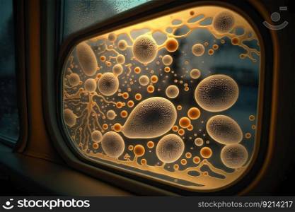 close-up of bacteria on the bus window, created with generative ai. close-up of bacteria on the bus window