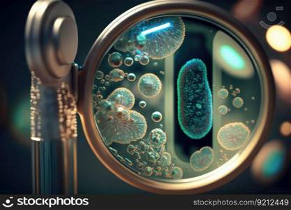 close-up of bacteria on the door handle, with magnifying glass in the background, created with generative ai. close-up of bacteria on the door handle, with magnifying glass in the background