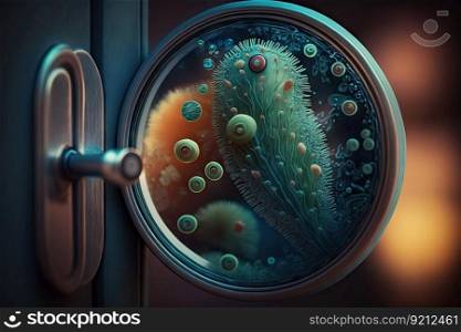 close-up of bacteria on the door handle, with magnifying glass in the foreground, created with generative ai. close-up of bacteria on the door handle, with magnifying glass in the foreground