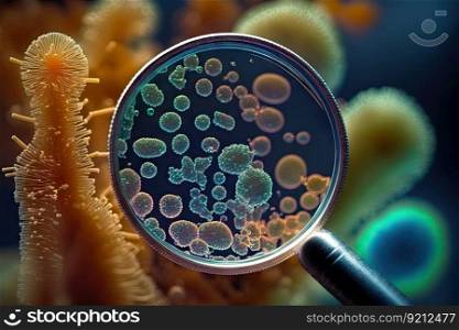 close-up of bacteria, with magnifying glass in the background, created with generative ai. close-up of bacteria, with magnifying glass in the background