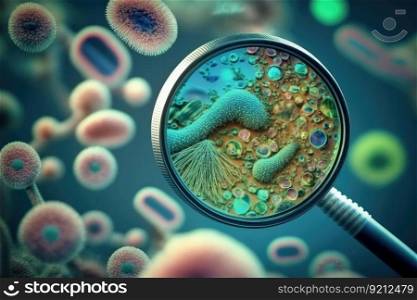 close-up of bacteria, with magnifying glass in the background, created with generative ai. close-up of bacteria, with magnifying glass in the background
