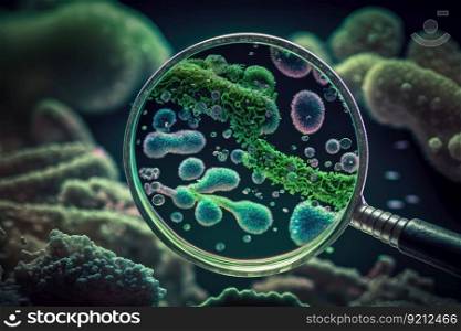 close-up of bacteria, with magnifying glass in the foreground, created with generative ai. close-up of bacteria, with magnifying glass in the foreground