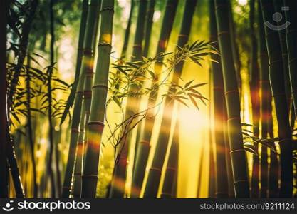 close-up of bamboo forest trees with the sun shining through, created with generative ai. close-up of bamboo forest trees with the sun shining through