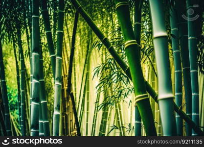 close-up of bamboo forest trees, with their leaves and branches in full view, created with generative ai. close-up of bamboo forest trees, with their leaves and branches in full view