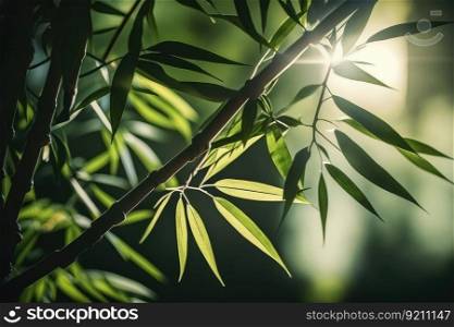 close-up of bamboo tree with sunlight shining through the leaves, created with generative ai. close-up of bamboo tree with sunlight shining through the leaves