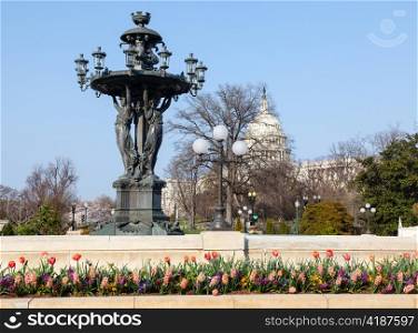 Close up of Bartholdi fountain and Capitol in Washington DC. Bartholdi died in 1904