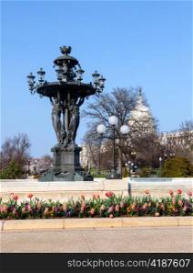 Close up of Bartholdi fountain and Capitol in Washington DC. Bartholdi died in 1904